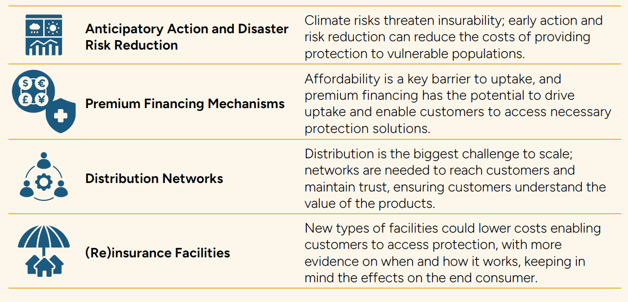 Diagram showing the four CGAP pathways: Anticipatory Action and Disaster Risk Reduction; Premium Financing Mechanisms; Distribution Networks; and (Re)insurance Facilities