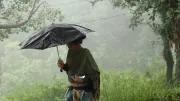A woman walks with an umbrella in rural Nepal