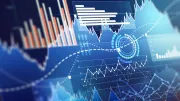 Abstract business chart with uptrend line graph, bar chart and diagram in bull market on dark blue background